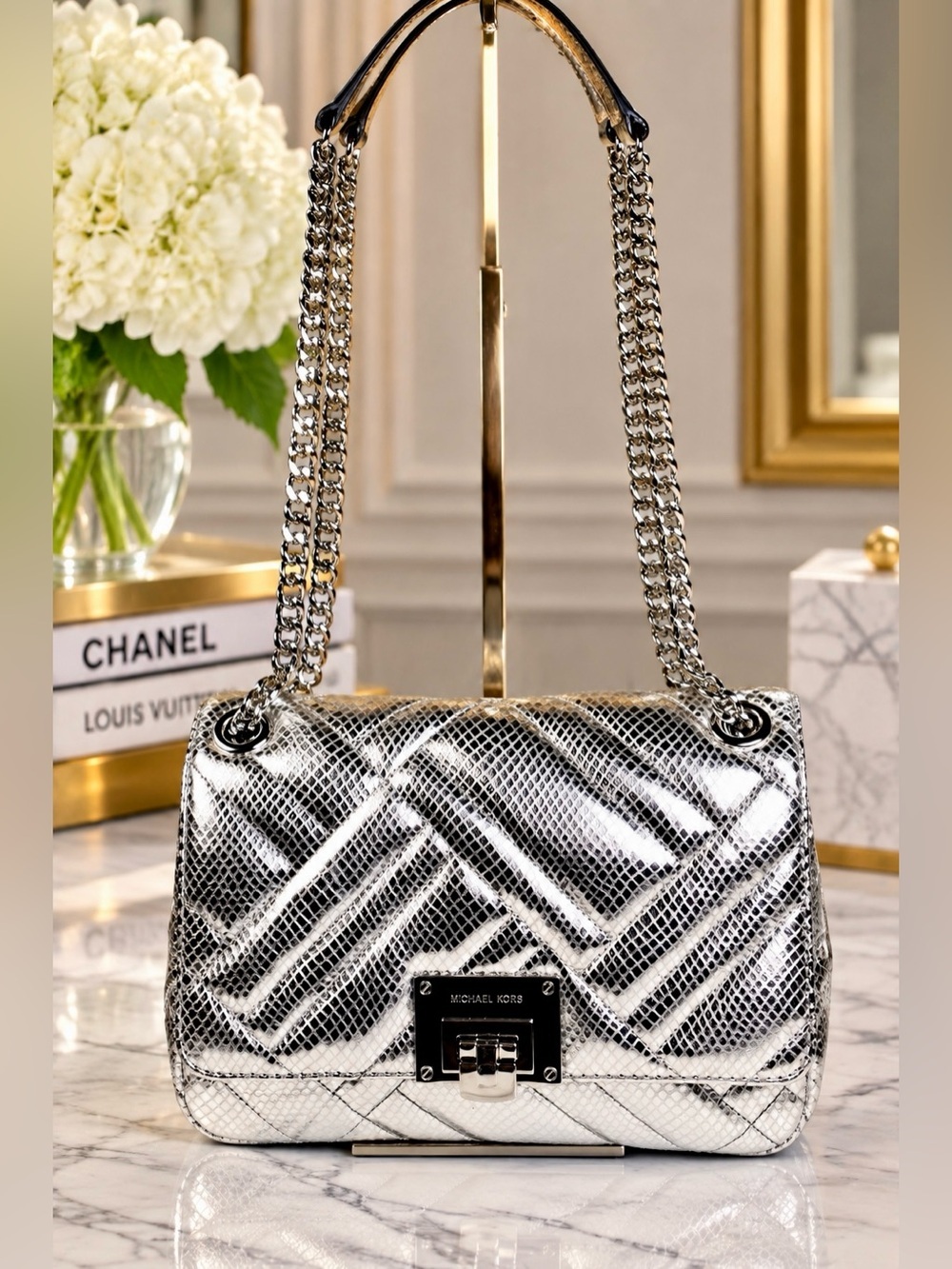 Michael Kors Metallic Silver Snake Embossed Quilted Shoulder Crossbody Bag - Picture 6 of 14
